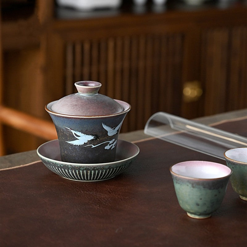 Ceramic Flying Crane Gaiwan Tea Set|Handmade Gaiwan Tea Cup with Saucer