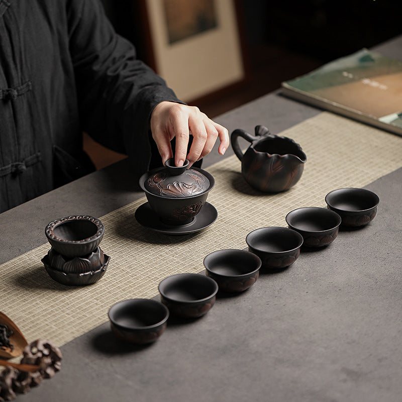 Black Ceramic Flower Tea Pot With 6 Cups And Set - TeaCeremonyLife