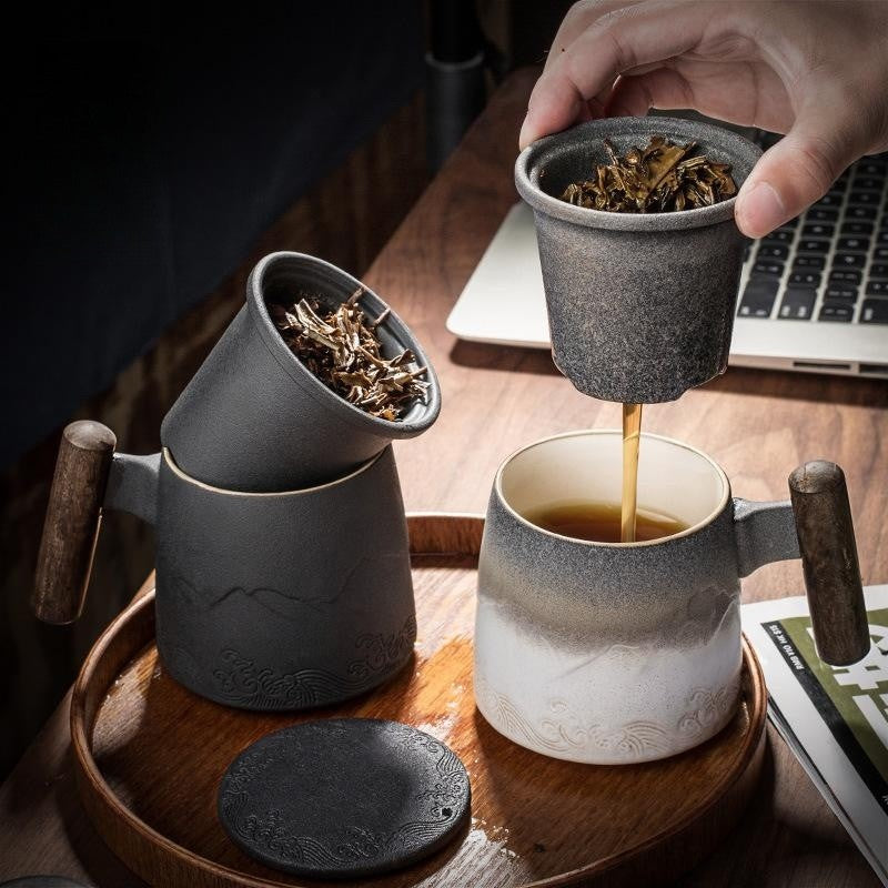 Ceramic Tea Mug with Infuser|Mountain Ceramic Tea Cup With Tea Cans 350ml - TeaCeremonyLife