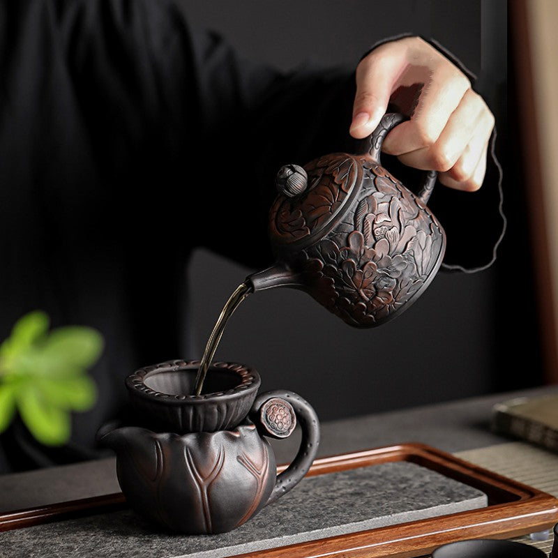 Black Ceramic Flower Tea Pot With 6 Cups And Set - TeaCeremonyLife