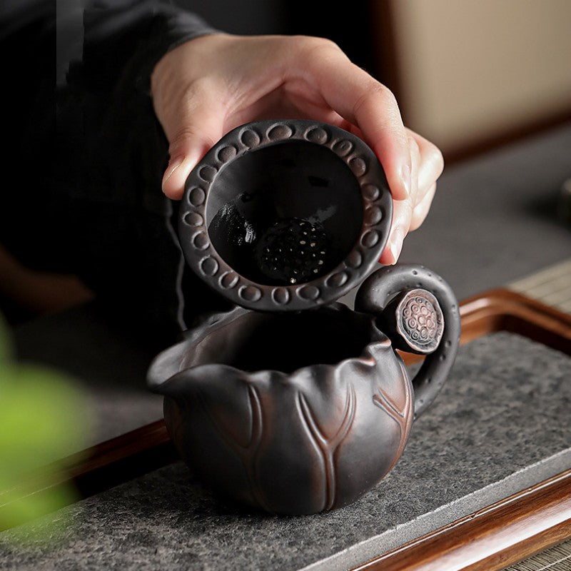 Black Ceramic Flower Tea Pot With 6 Cups And Set - TeaCeremonyLife