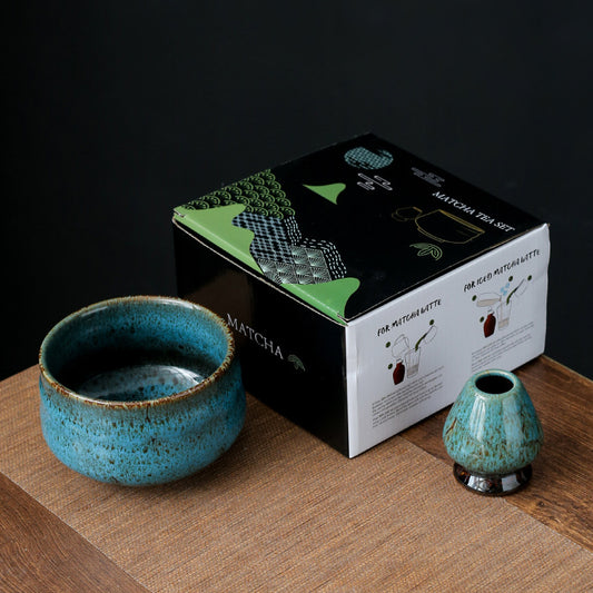 Ceramic Glazed Matcha Bowl Set|Matcha Bowl with Chasen Holder - TeaCeremonyLife