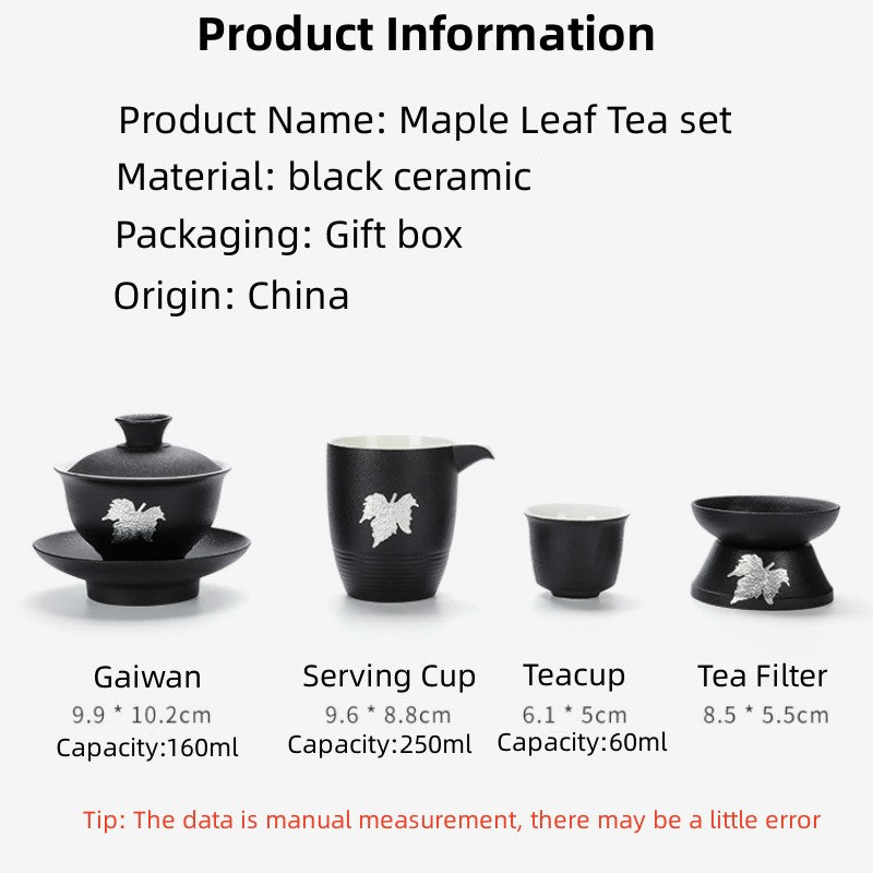 Black Ceramic Maple Gaiwan Tea Set With 6Cups 160ml - TeaCeremonyLife