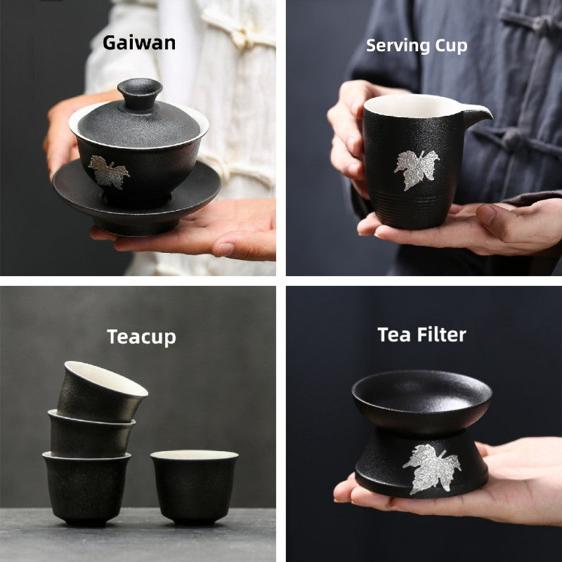 Black Ceramic Maple Gaiwan Tea Set With 6Cups 160ml - TeaCeremonyLife