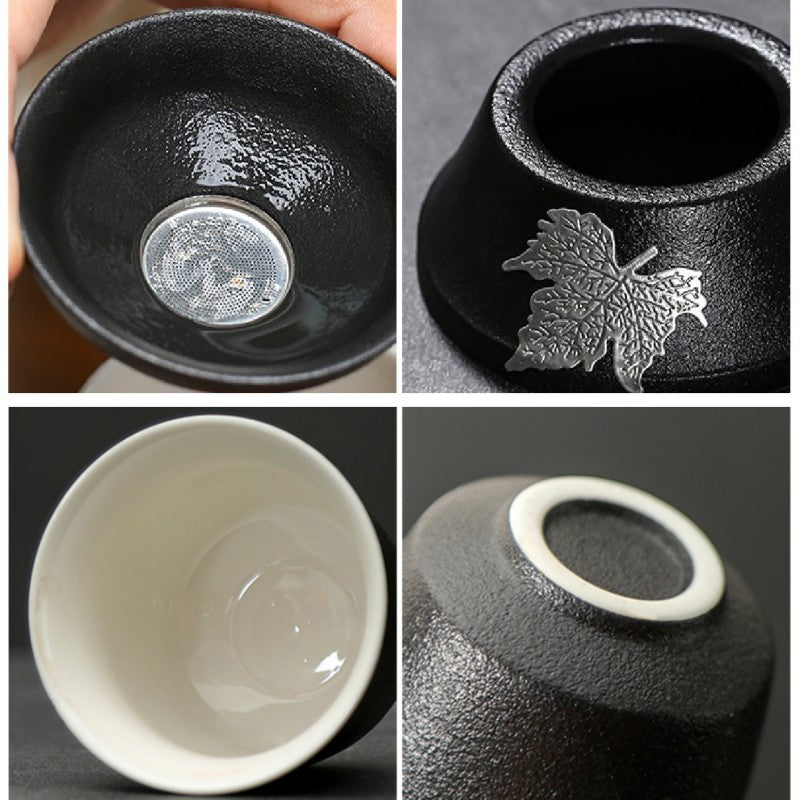 Black Ceramic Maple Gaiwan Tea Set With 6Cups 160ml - TeaCeremonyLife