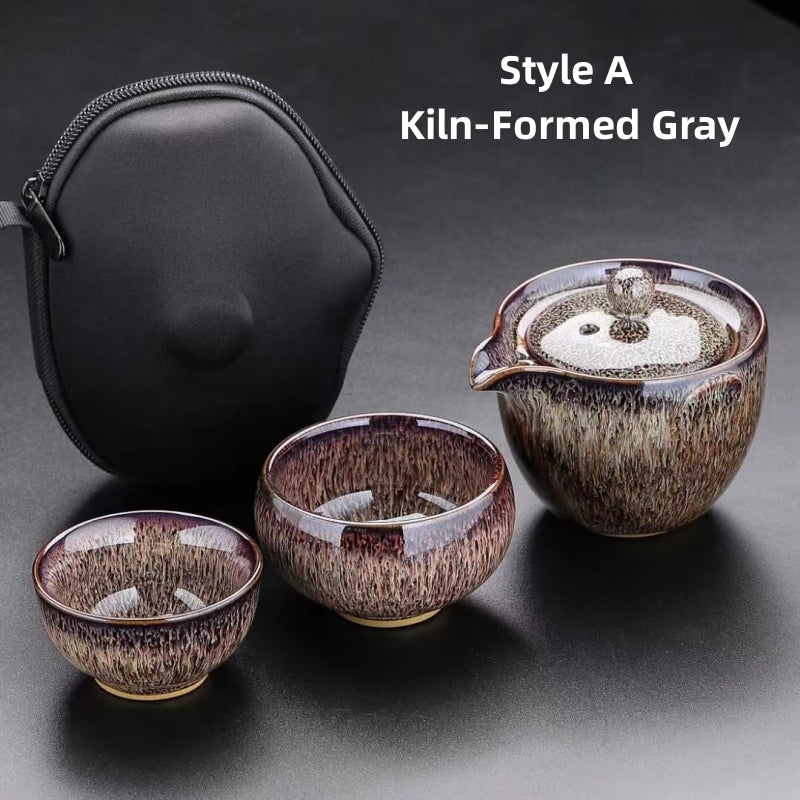 Kiln Change Ceramic Travel Tea Set|Gaiwan Set with 2 cups|Portable Tea Set - TeaCeremonyLife