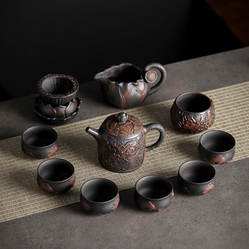 Black Ceramic Flower Tea Pot With 6 Cups And Set - TeaCeremonyLife