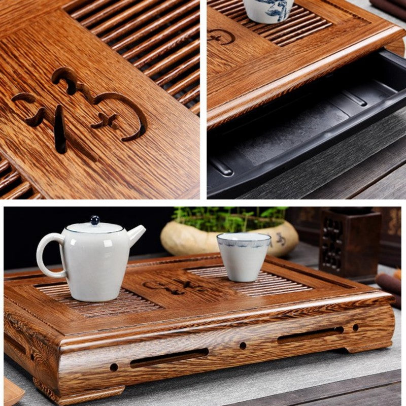 Chinese Tea Ceremony Tea Tray with Drainage|Wood Gong Fu Tea Tray with Water Storage - TeaCeremonyLife