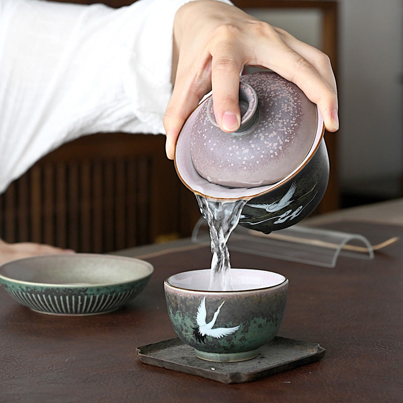 Ceramic Flying Crane Gaiwan Tea Set|Handmade Gaiwan Tea Cup with Saucer