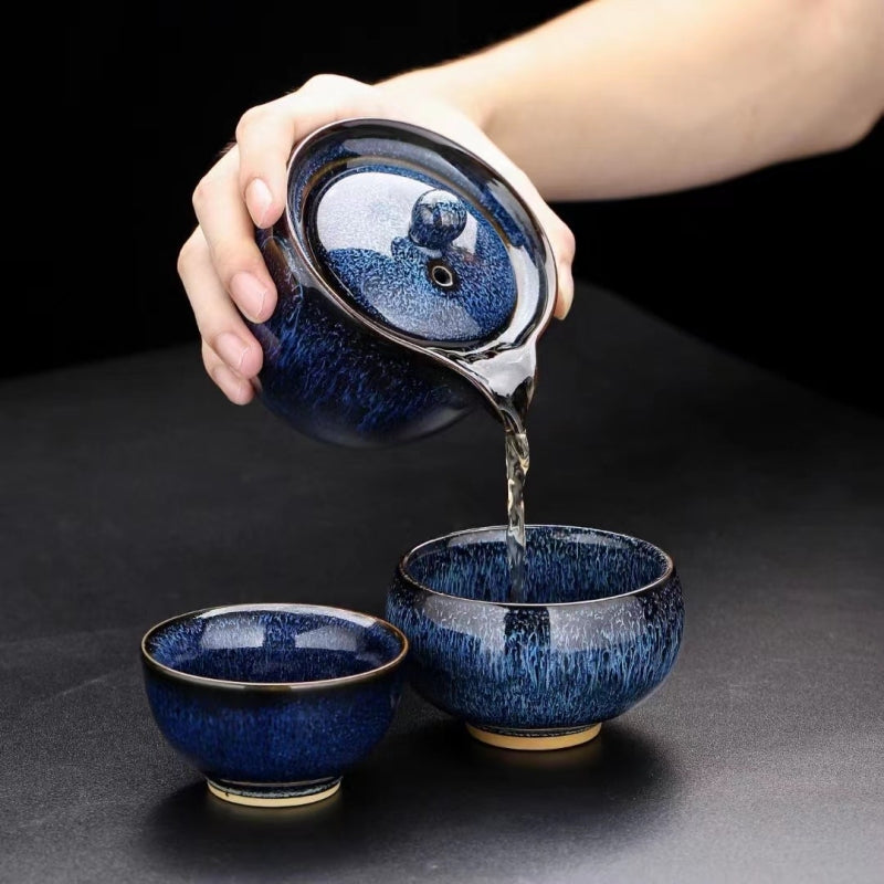 Kiln Change Ceramic Travel Tea Set|Gaiwan Set with 2 cups|Portable Tea Set - TeaCeremonyLife