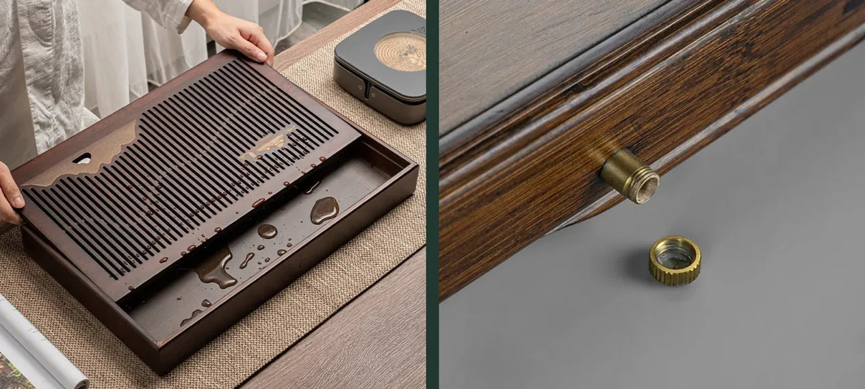 Two tea tray details: a removable solid wood top over its water tray and a bamboo tray drainage outlet